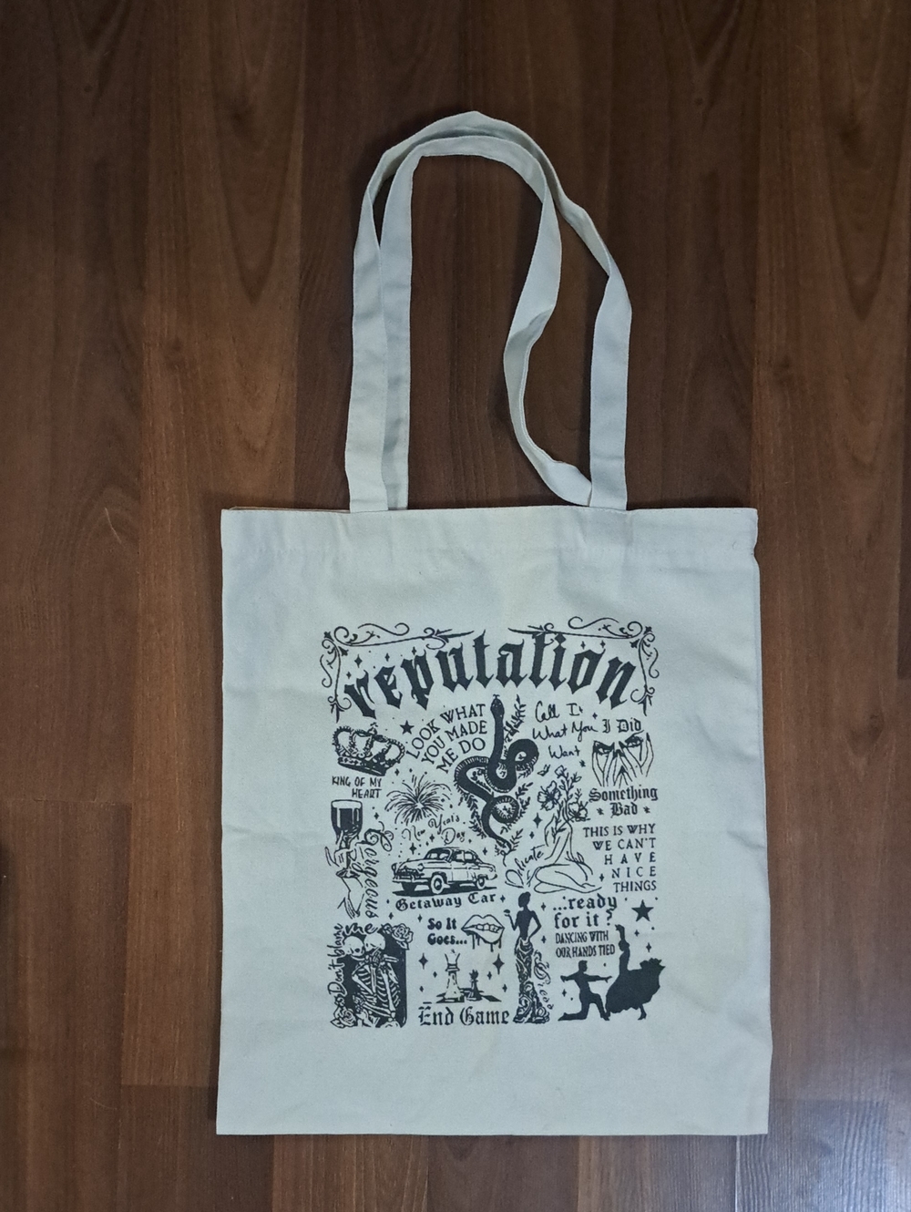 Cream 'REPUTATION' Tote Bag with Black Print whimsigoth Witchy Fall Quirky